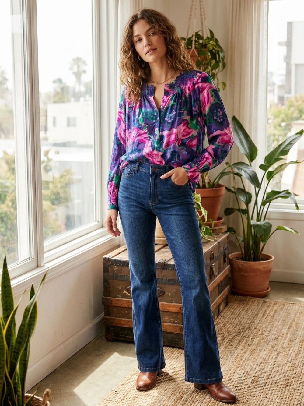 Talbots Floral Peasant Blouse in Purple and Pink